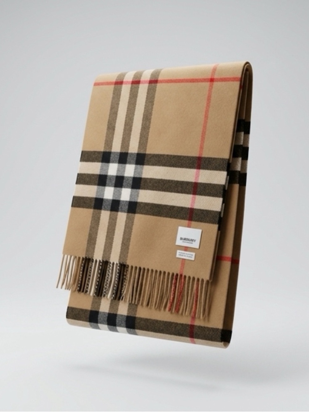Burberry Beige Check Fringed Cashmere Scarf with Red Accent